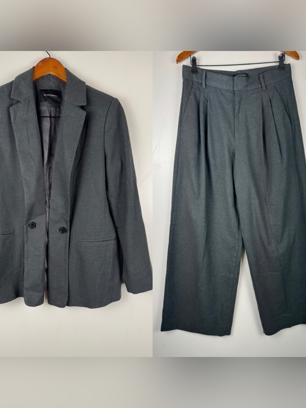 Banana Republic 2 Pc Suit Set Size 8 Charcoal Gray Wide Leg Pants Blazer Pleated